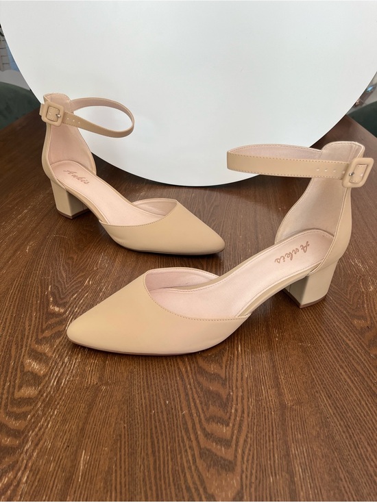 Ankis Shoes - Pointed Closed Toe Ankle-Strap Block Heels, Nude Size 11